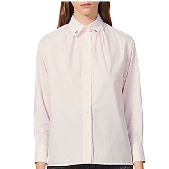 Sandro Women Shirt  French Casual Sz 0 Pink And White Striped Jeweled Button NWT - Picture 3 of 16